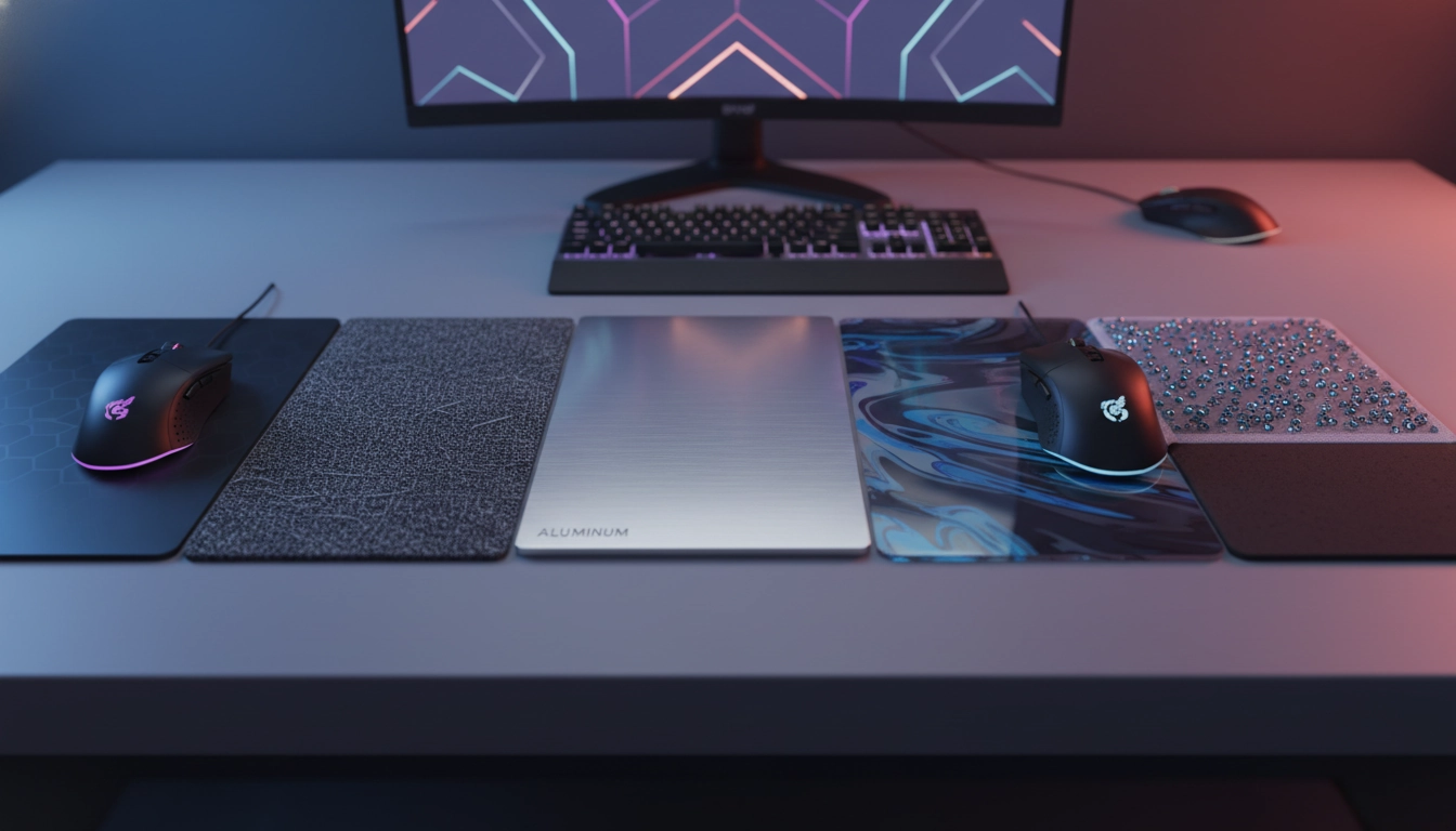 Différentes matières tapis de souris gaming comparées sur un bureau gaming