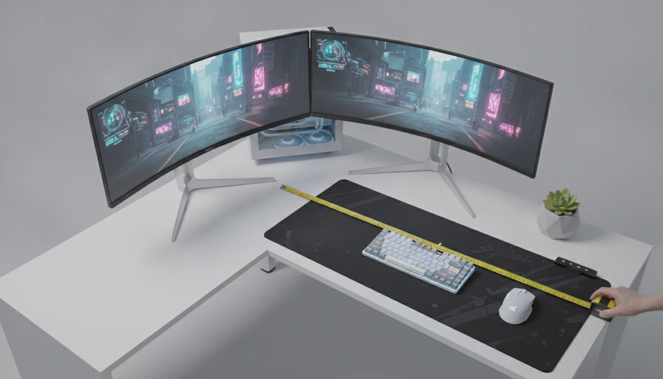 Un joueur en train de mesurer espace tapis souris bureau d'angle avec précision