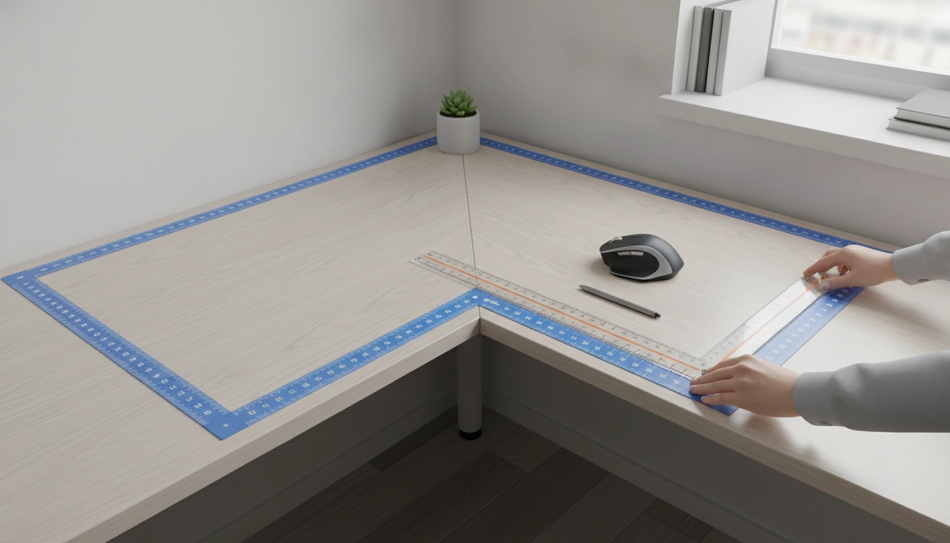 Illustration montrant comment mesurer espace tapis souris bureau d'angle avec un mètre ruban