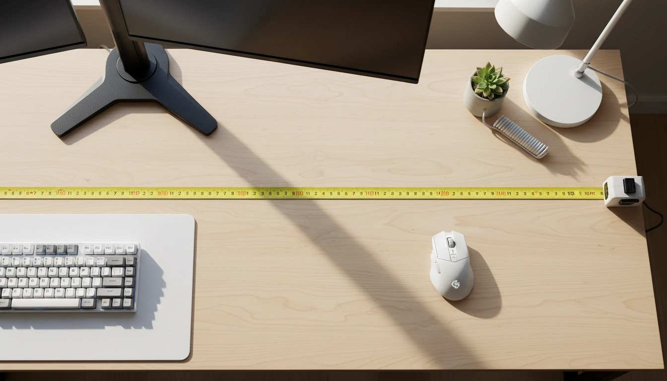 Mesurer l'espace tapis souris sur un bureau gaming avec un mètre ruban posé à plat sur la surface