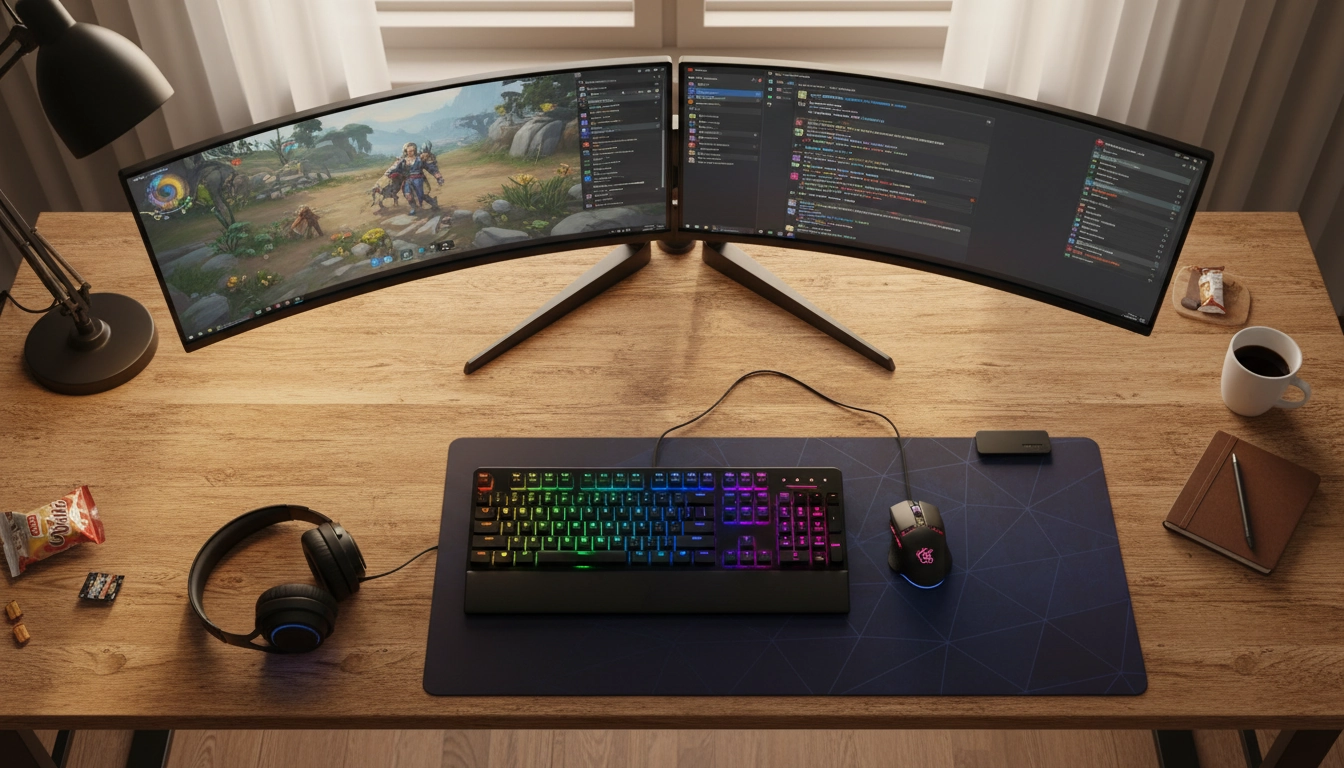 Setup gaming double écran avec un grand tapis de souris XL bien positionné sur un bureau large en bois