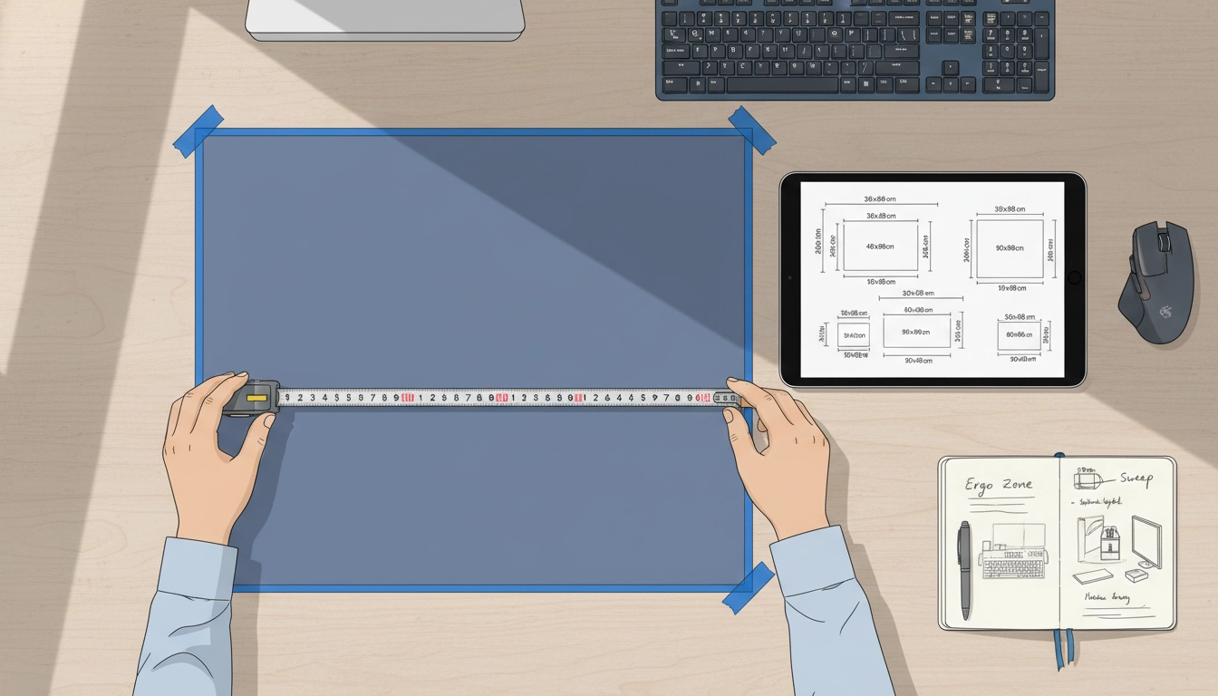 Joueur en train de mesurer l'espace disponible sur son bureau gaming pour choisir la bonne taille de tapis de souris