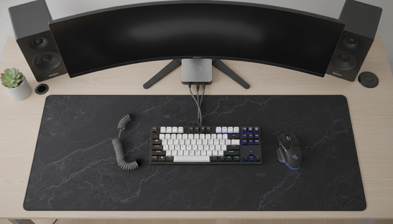 Exemple d'un setup optimisé après avoir appris comment mesurer la surface de son bureau pour un tapis de souris.