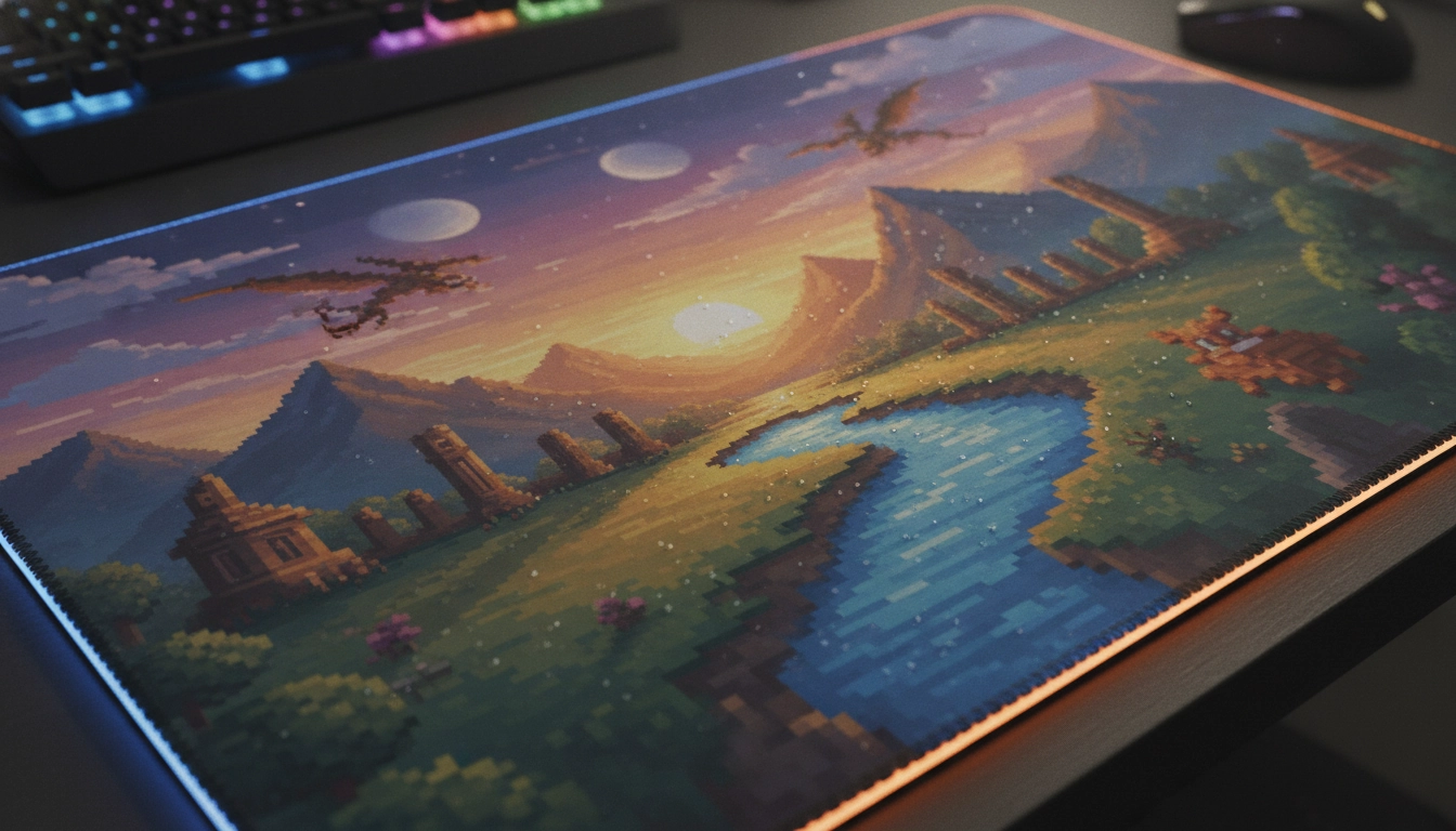 Exemple concret pour choisir motif tapis souris univers jeu vidéo sur un bureau gamer.