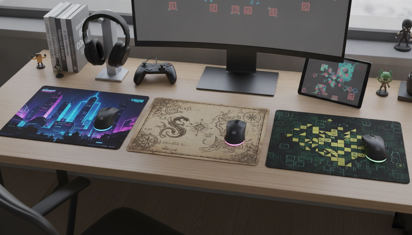 Un joueur en train de choisir motif tapis souris univers jeu vidéo pour son setup personnalisé.