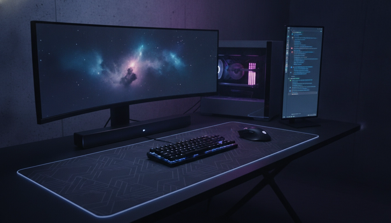 Un magnifique exemple de motif tapis souris cohérent avec setup gaming dans une ambiance néon.
