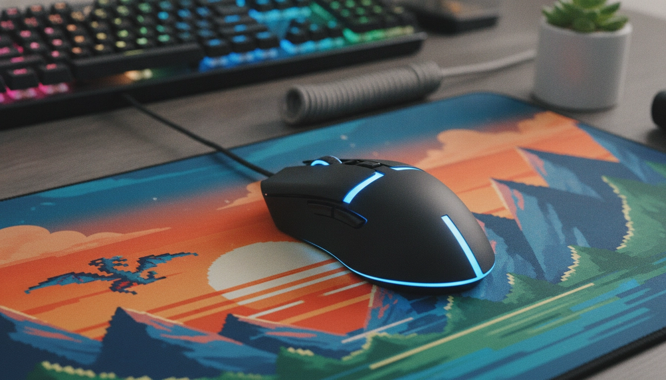 Détail d'un tapis de souris avec un design en pixel art parfaitement intégré dans un setup gaming.