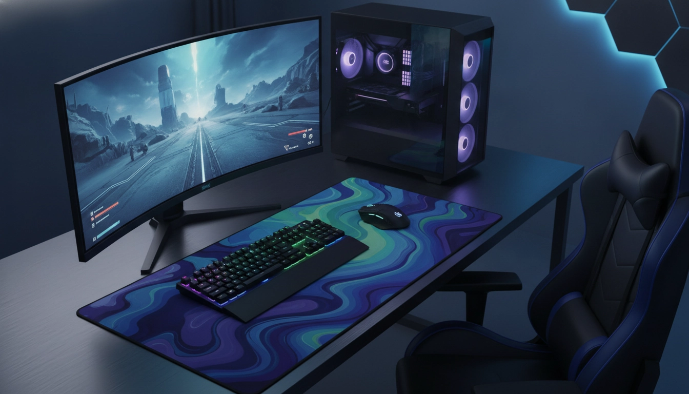 Un setup gaming moderne avec un bureau propre et un motif tapis souris cohérent avec setup gaming