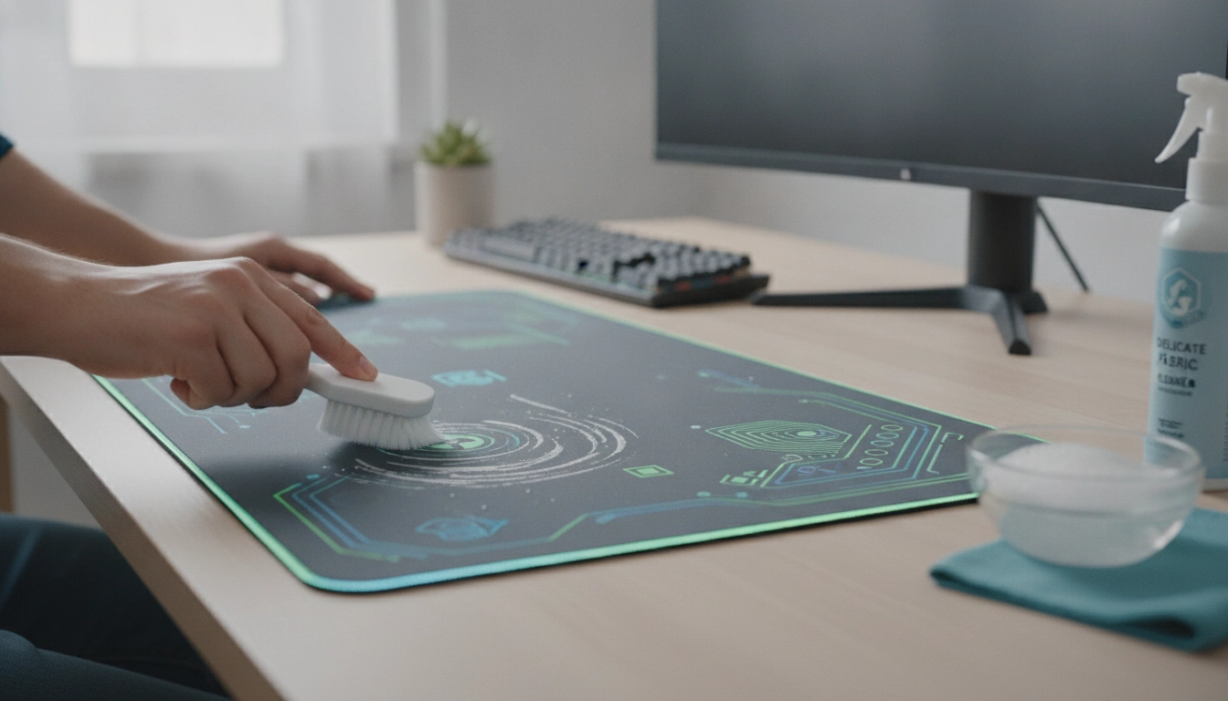 Nettoyage délicat d'un tapis de souris avec des coutures brodées
