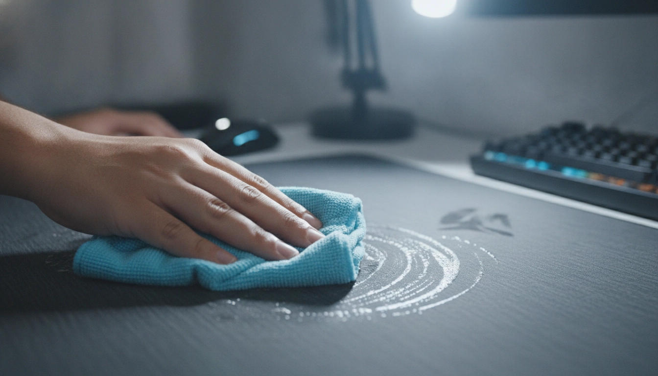 Une personne montrant comment nettoyer son tapis de souris pour réduire les frottements avec un chiffon doux.
