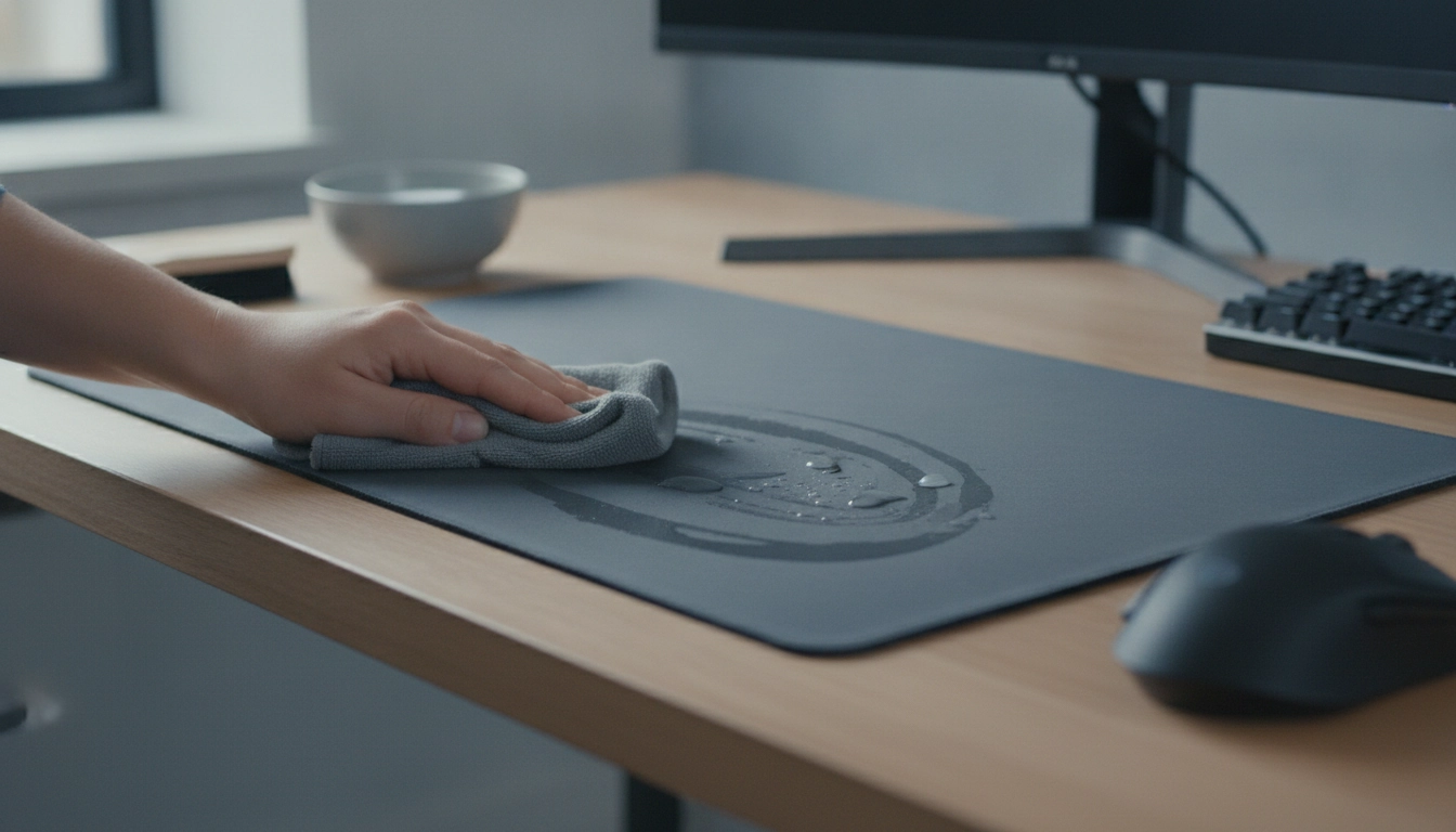 Un utilisateur qui nettoie son tapis de souris pour réduire les frottements