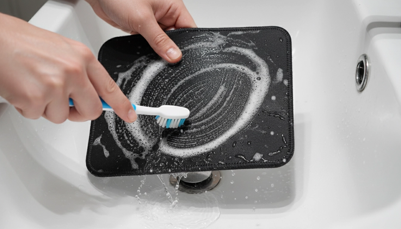 Nettoyer un tapis de souris en tissu à la main avec une brosse souple et de l'eau savonneuse