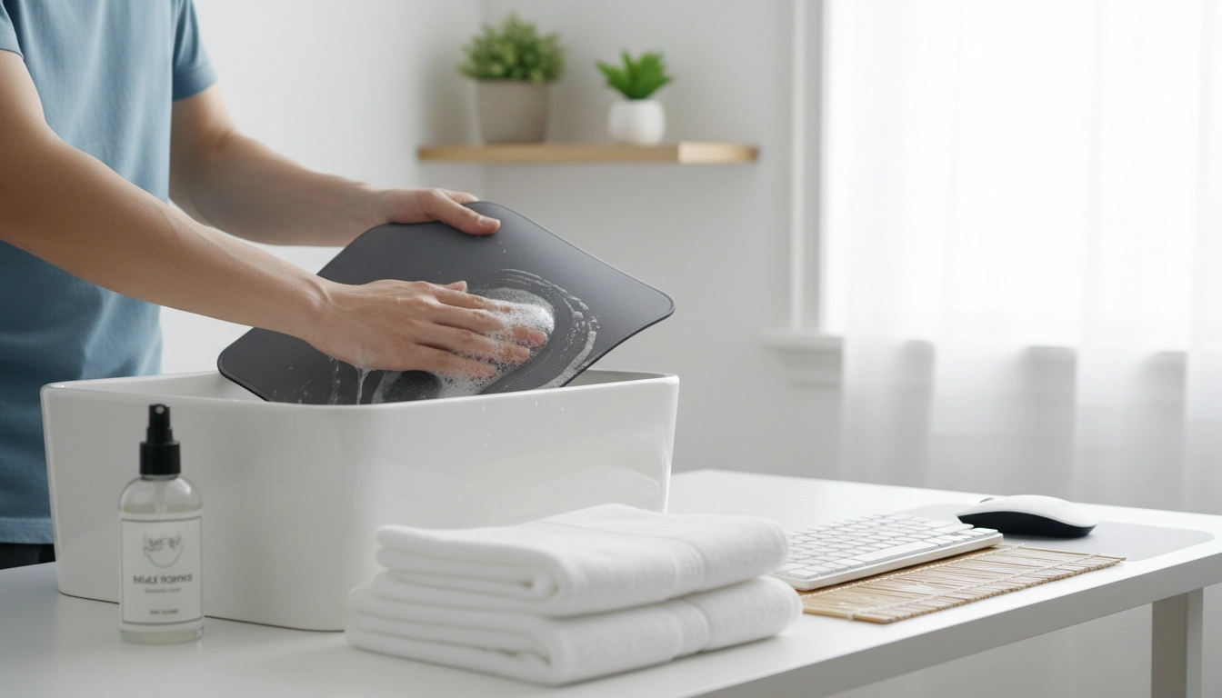 Nettoyer un tapis de souris en tissu à la main avec une brosse douce et de l'eau savonneuse