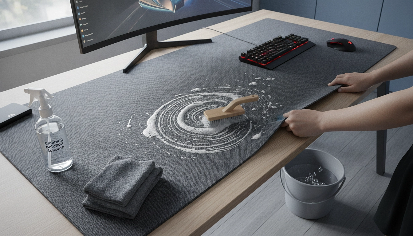 Un joueur professionnel en train de nettoyer grand tapis souris tissu XXL bureau gaming avec soin