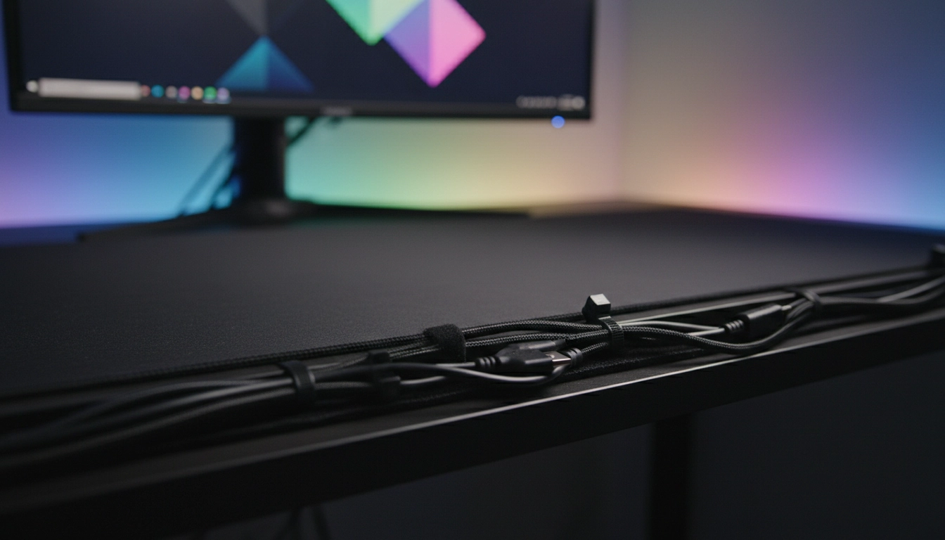 Gestion des câbles propre et organisée sur un setup gaming avec grand tapis de souris