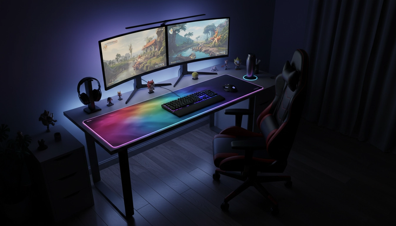 Station gaming nocturne complète avec tapis XXL RGB synchronisé et éclairage ambiant immersif
