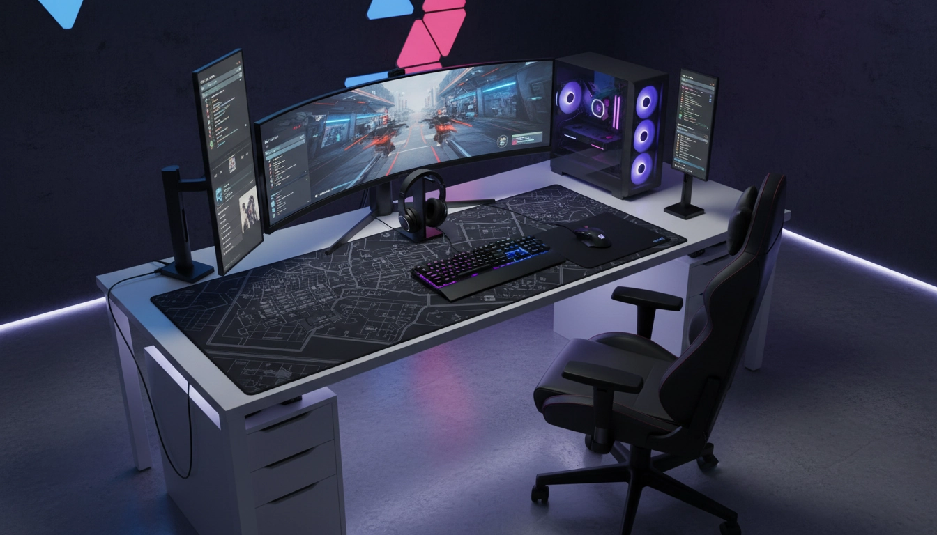 Setup gaming complet avec tapis XXL RGB sur bureau organisé — optimisation setup gaming tapis
