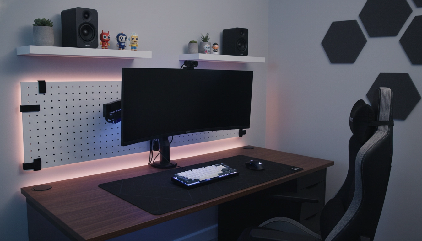 Setup gaming compact et bien organisé pour optimiser l'espace bureau gaming avec étagères et bras d'écran