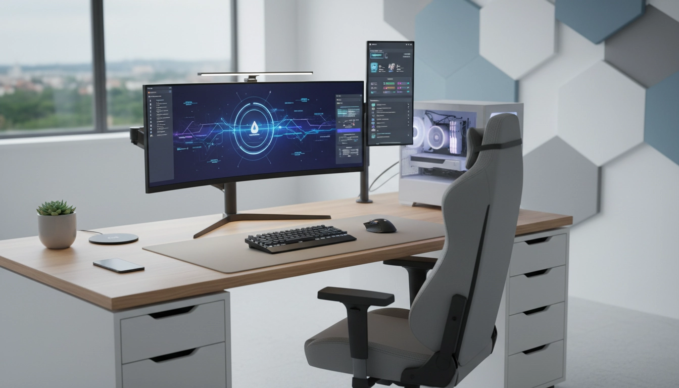 Bureau gaming bien organisé avec setup optimisé, étagères et gestion des câbles