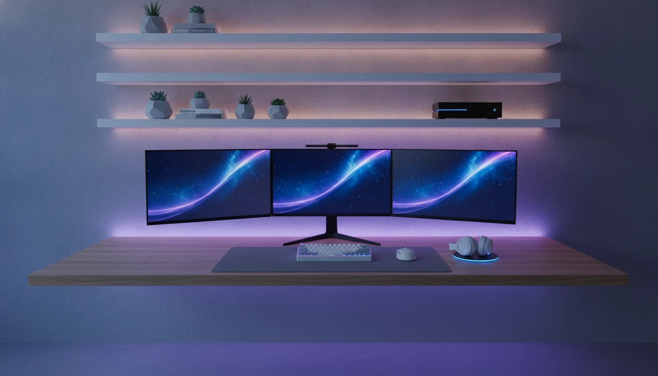 Exemple pour optimiser espace vertical bureau gaming étagères avec un design moderne
