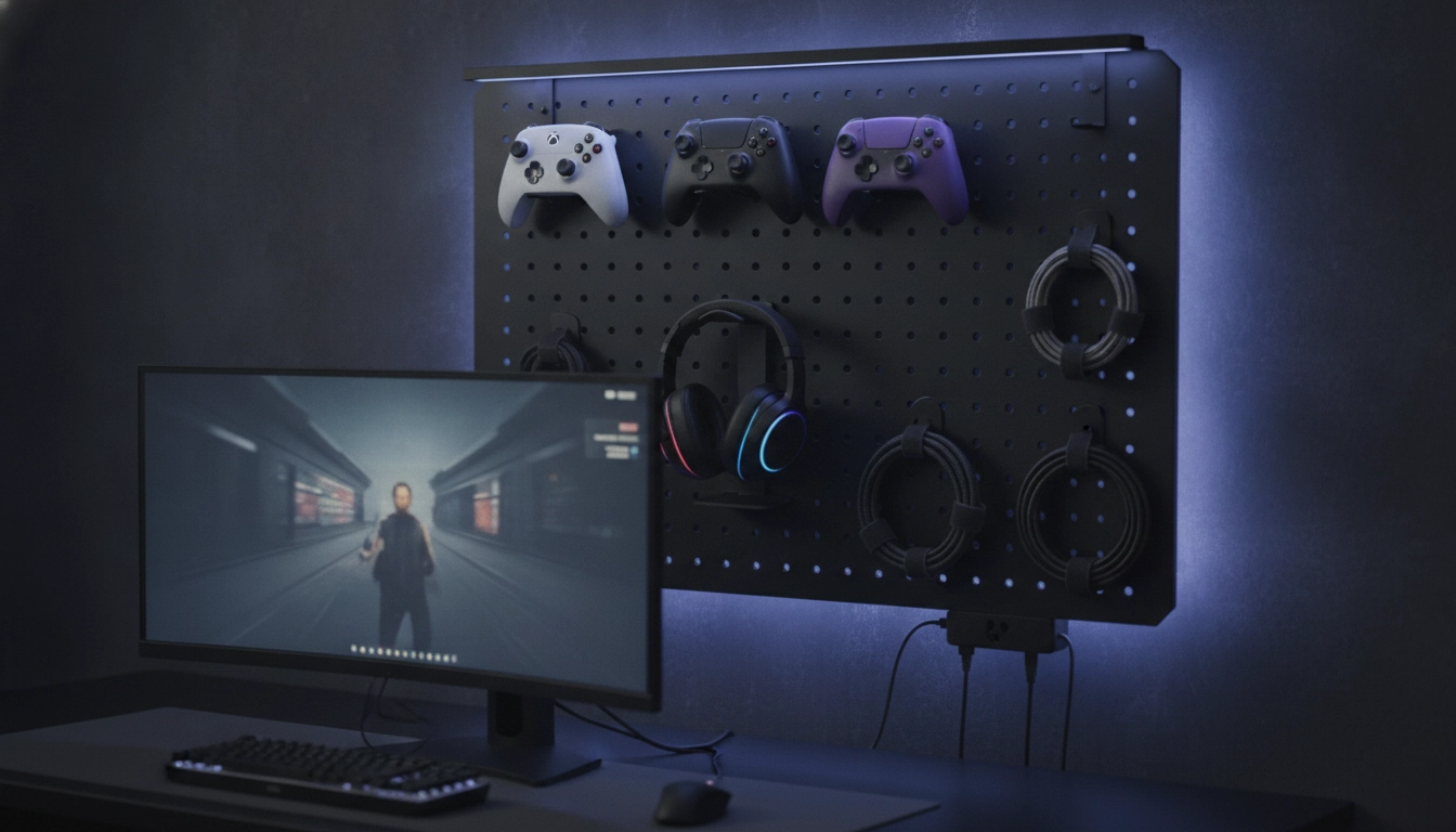 Accessoires gaming rangés sur un panneau mural pour gagner de la place