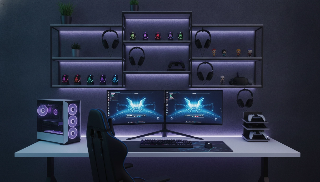 Setup gaming moderne avec des étagères murales pour optimiser l'espace vertical