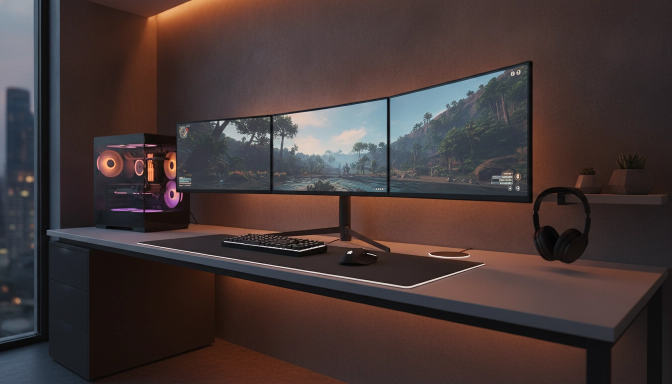 Exemple parfait pour optimiser la gestion des câbles pour un setup gaming haut de gamme avec un bureau minimaliste.