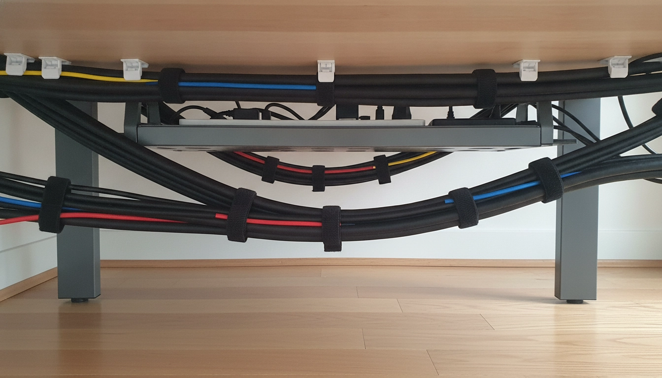 Détail technique montrant comment organiser les câbles sous un bureau gaming.