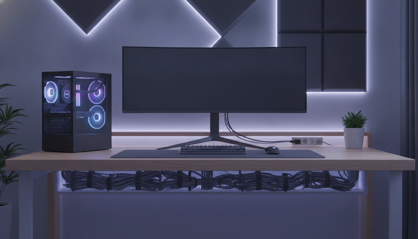 Un setup gaming haut de gamme avec une gestion des câbles impeccable et un bureau épuré