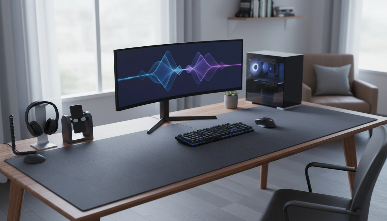 Bureau gaming propre et optimisé avec un grand tapis de souris XXL noir