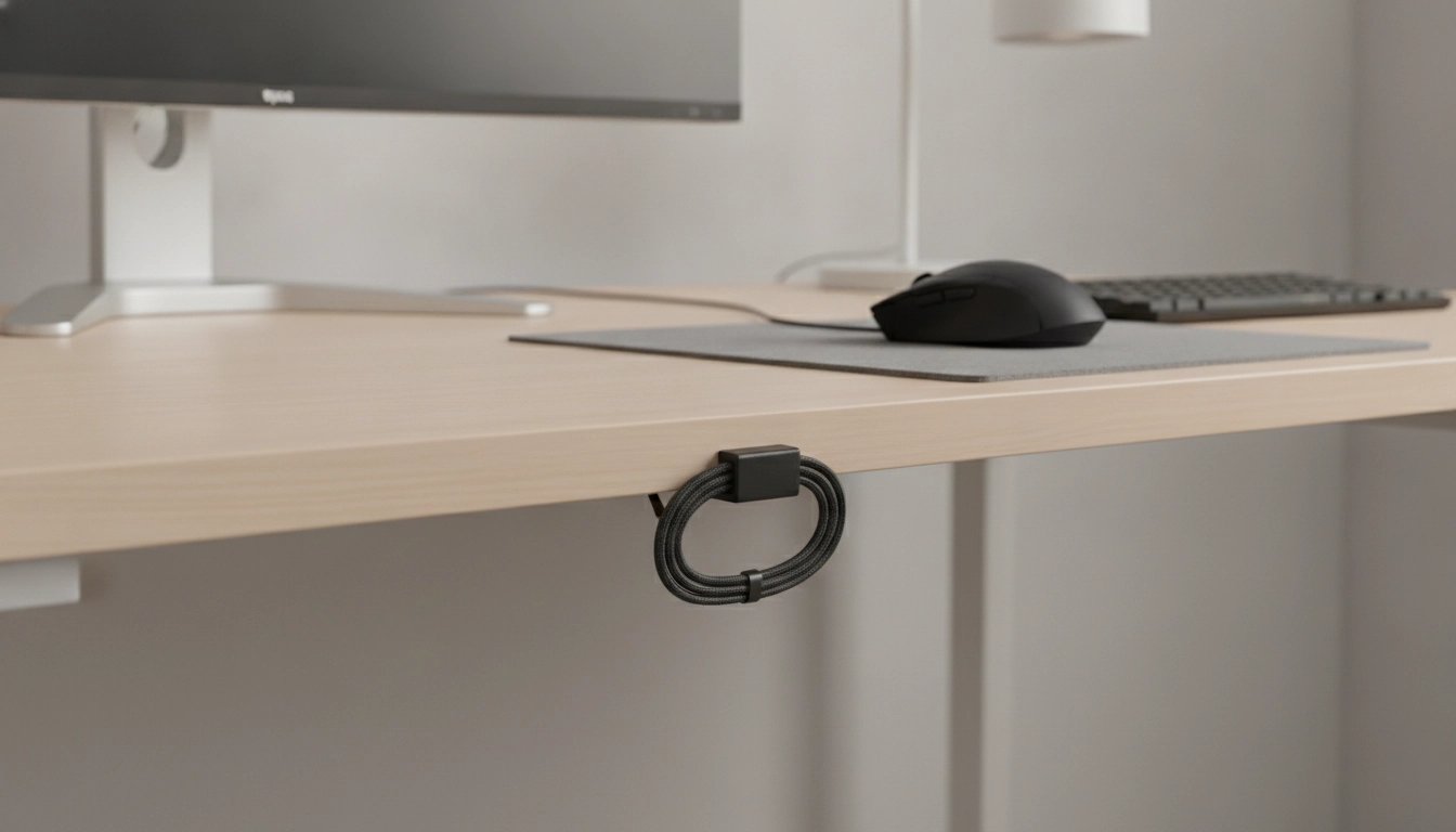 Un passe-câble adhésif sous bureau pour maintenir fil souris avec efficacité et style