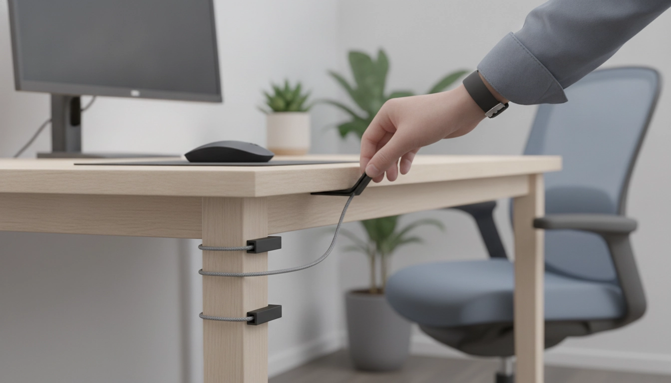 Installation d'un passe-câble adhésif sous bureau pour maintenir fil souris sur un setup gaming propre