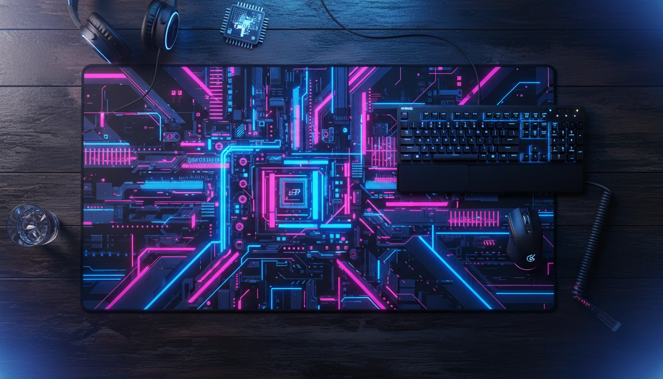 Tapis de souris gaming personnalisé avec design cyberpunk néon bleu et rose sur un bureau gaming