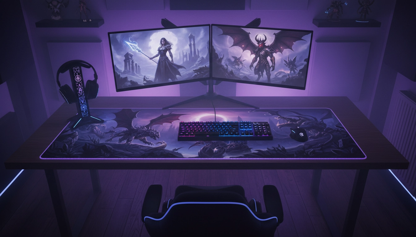 Setup gaming complet avec tapis de souris personnalisé dark fantasy et périphériques RGB harmonisés