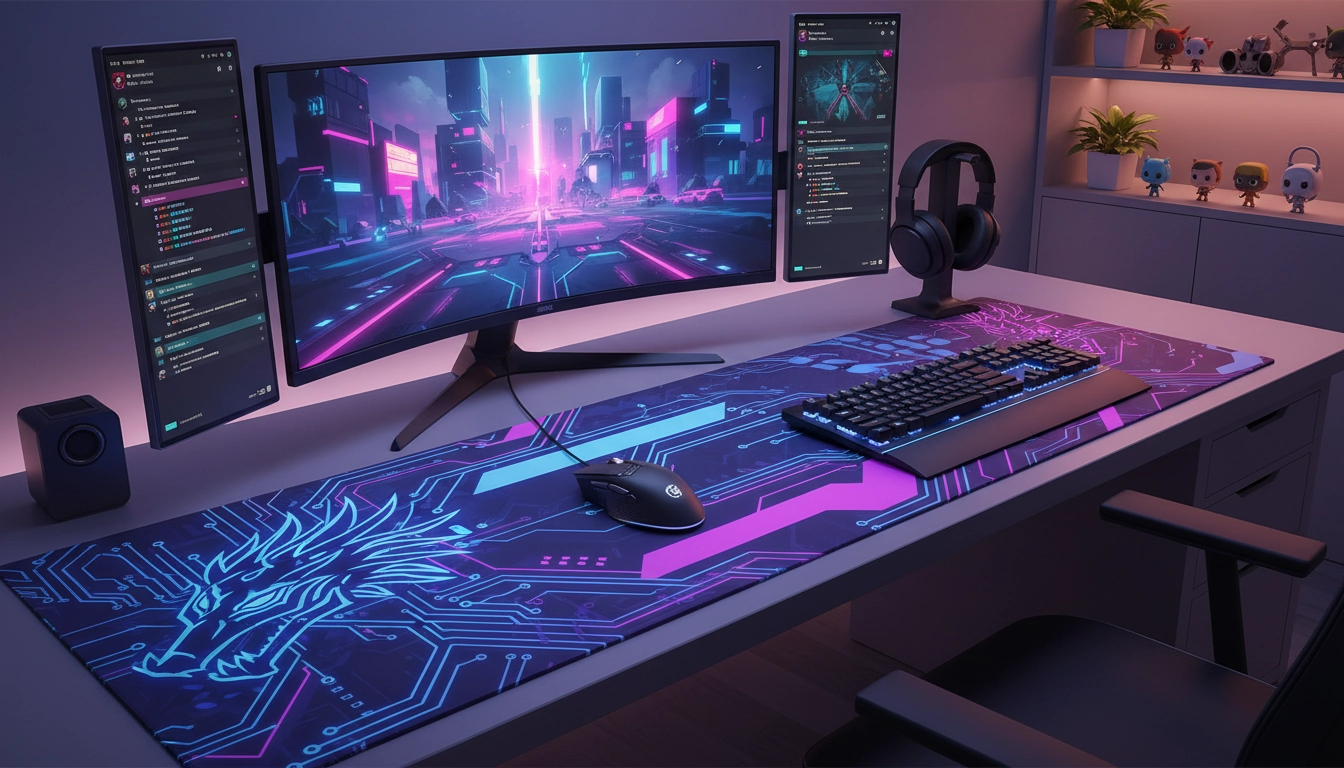 Gamer assis devant un setup gaming avec un tapis de souris personnalisé grand format aux couleurs vives