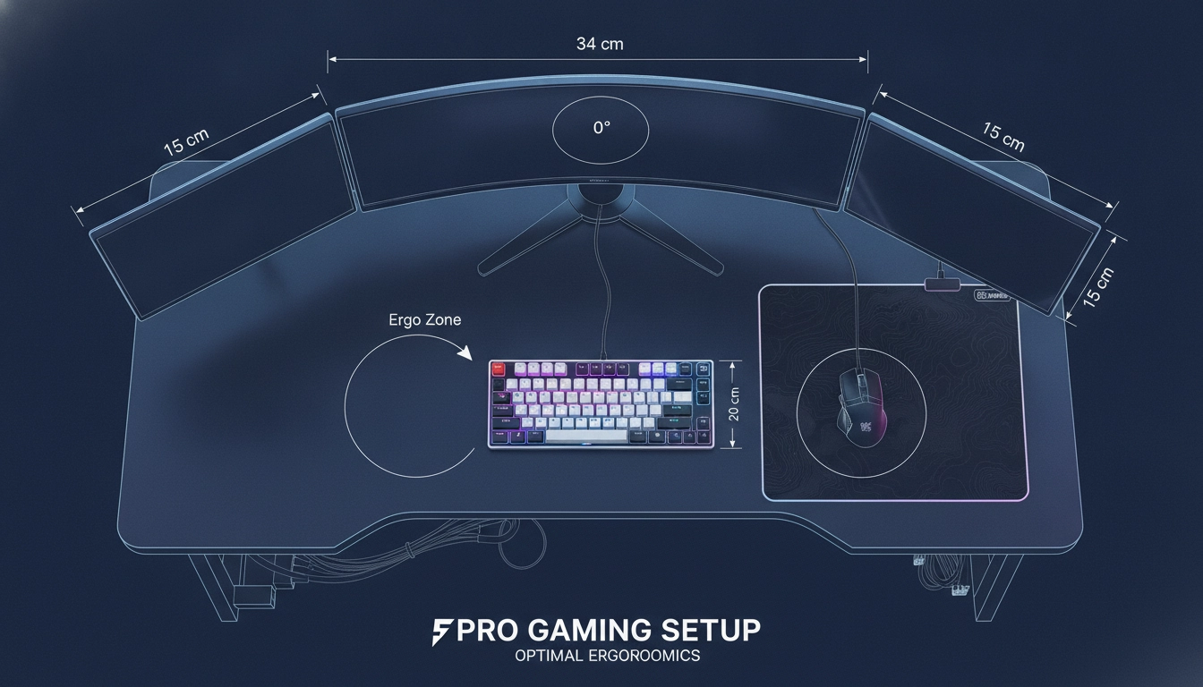Vue de dessus d'une station gaming montrant le placement optimal tapis de souris sur un bureau gaming avec espacement correct et alignement ergonomique