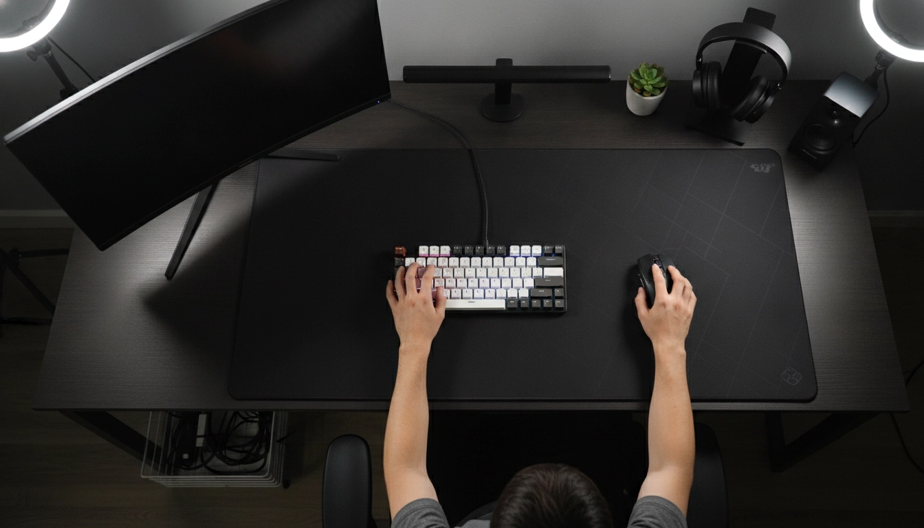 Vue de dessus montrant le bon placement tapis souris bureau ergonomique posture optimale