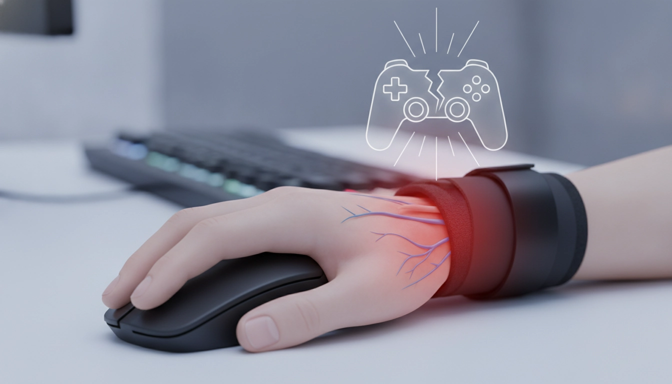 Un joueur ajustant sa posture devant son ordinateur pour éviter de se demander pourquoi mon poignet fait mal après une session gaming.