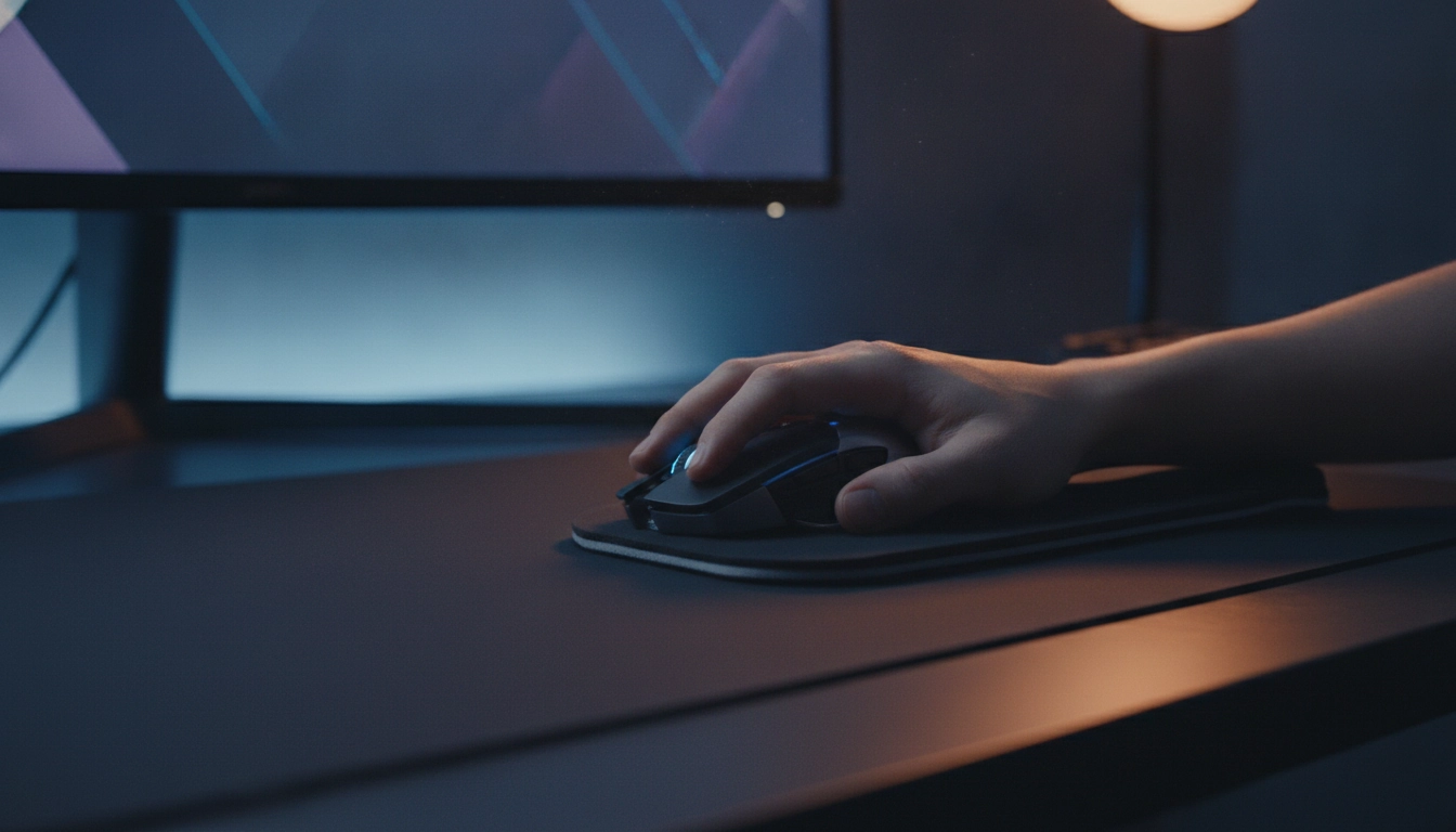 Démonstration visuelle de la position correcte poignet souris bureau gaming pour éviter les blessures