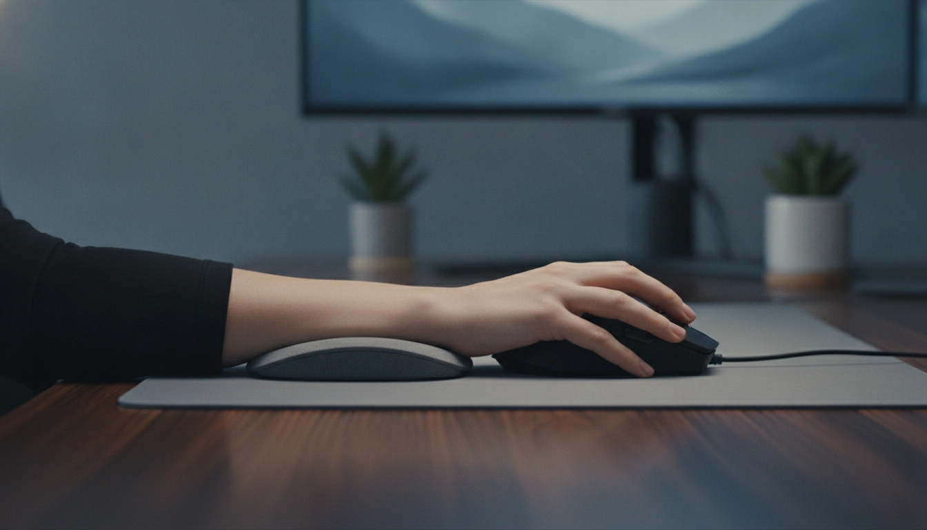 Un joueur utilisant une souris gaming avec une position correcte du poignet sur son bureau gaming