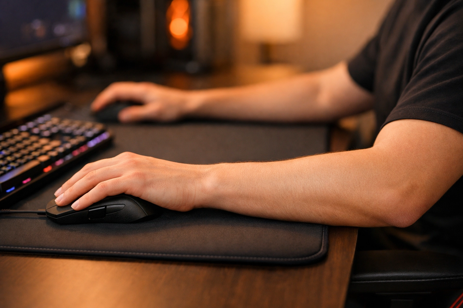 Position poignet correcte sur un tapis de souris gaming avec posture ergonomique pour éviter la tendinite