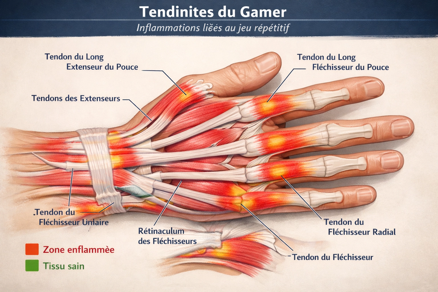 Anatomie du poignet et tendons affectés par la tendinite en gaming