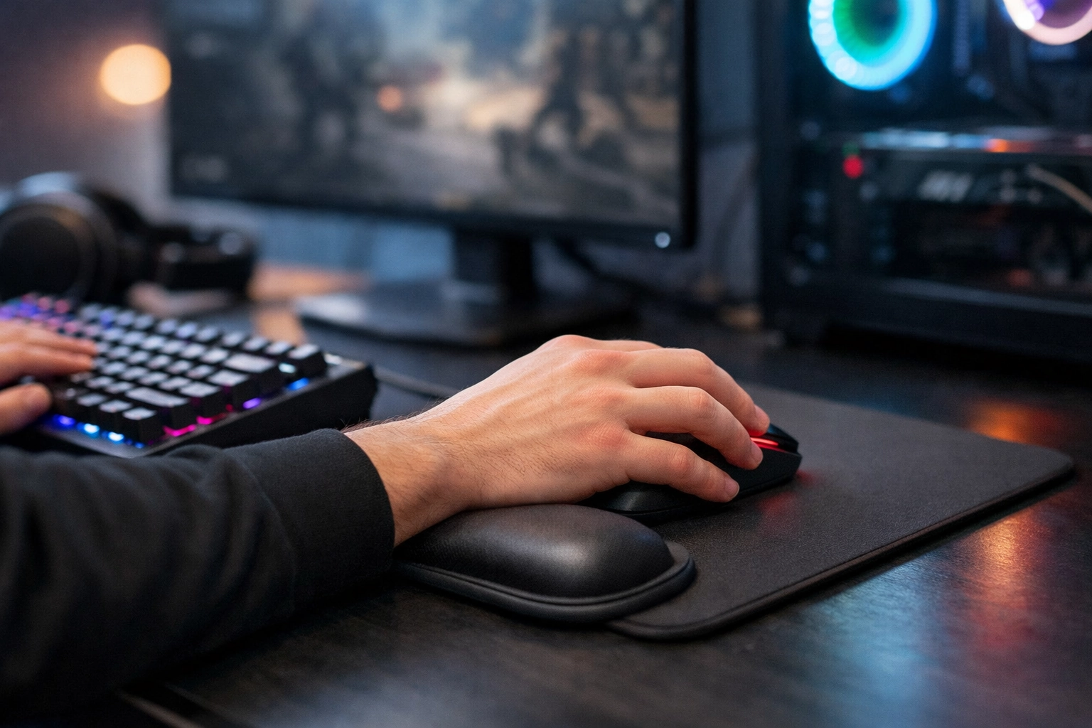 Gamer avec une position poignet correcte sur un tapis de souris ergonomique pour éviter la tendinite en gaming