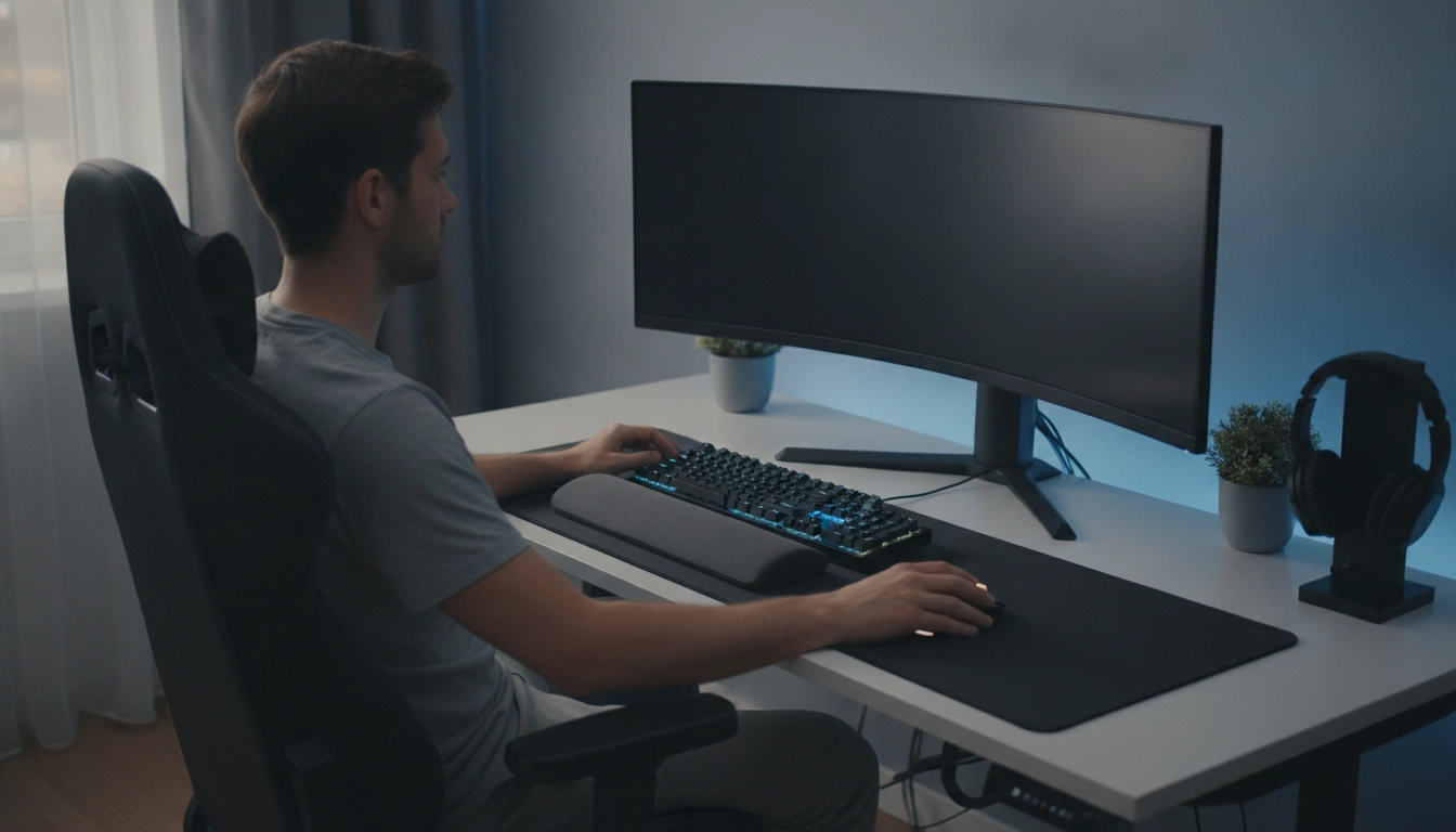 Un setup gaming ergonomique montrant comment positionner ses périphériques pour éviter les douleurs au quotidien
