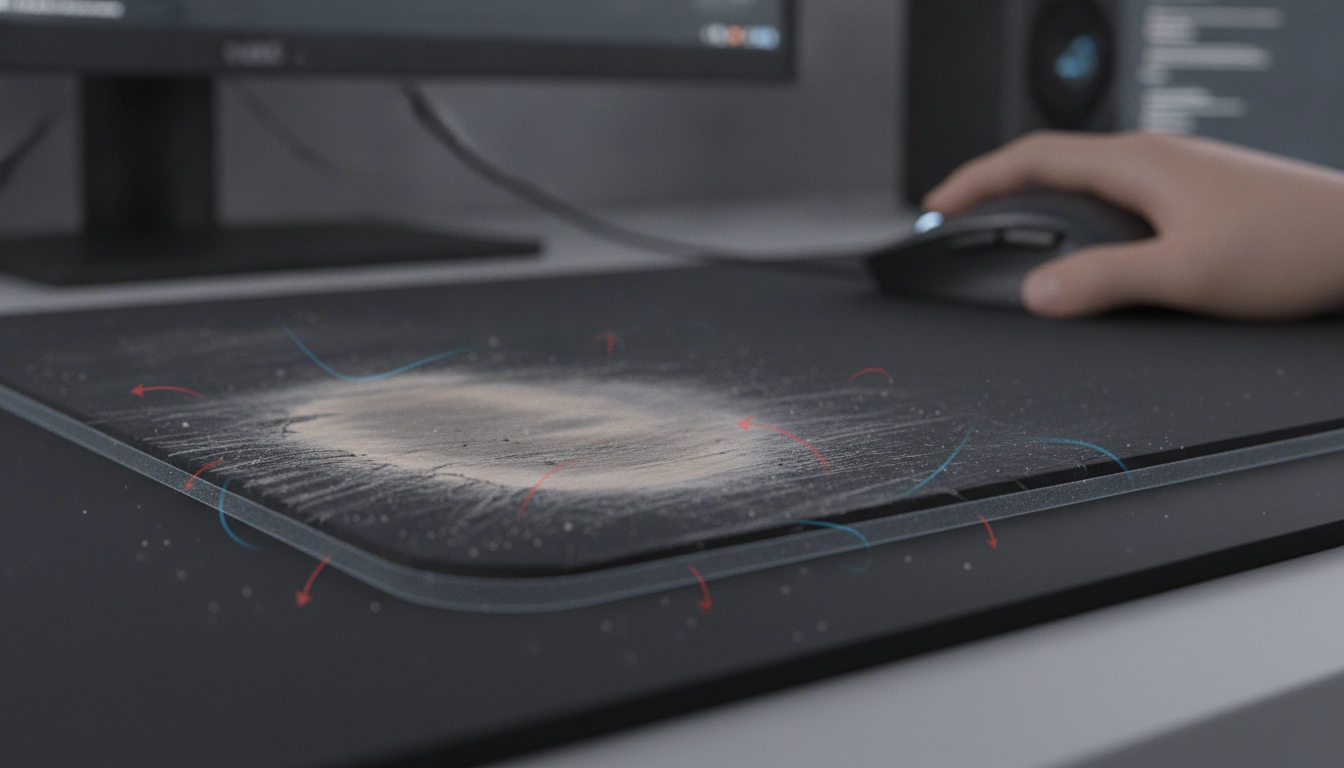 Gros plan sur une surface de tapis de souris montrant pourquoi la surface d'un tapis de souris s'use rapidement.