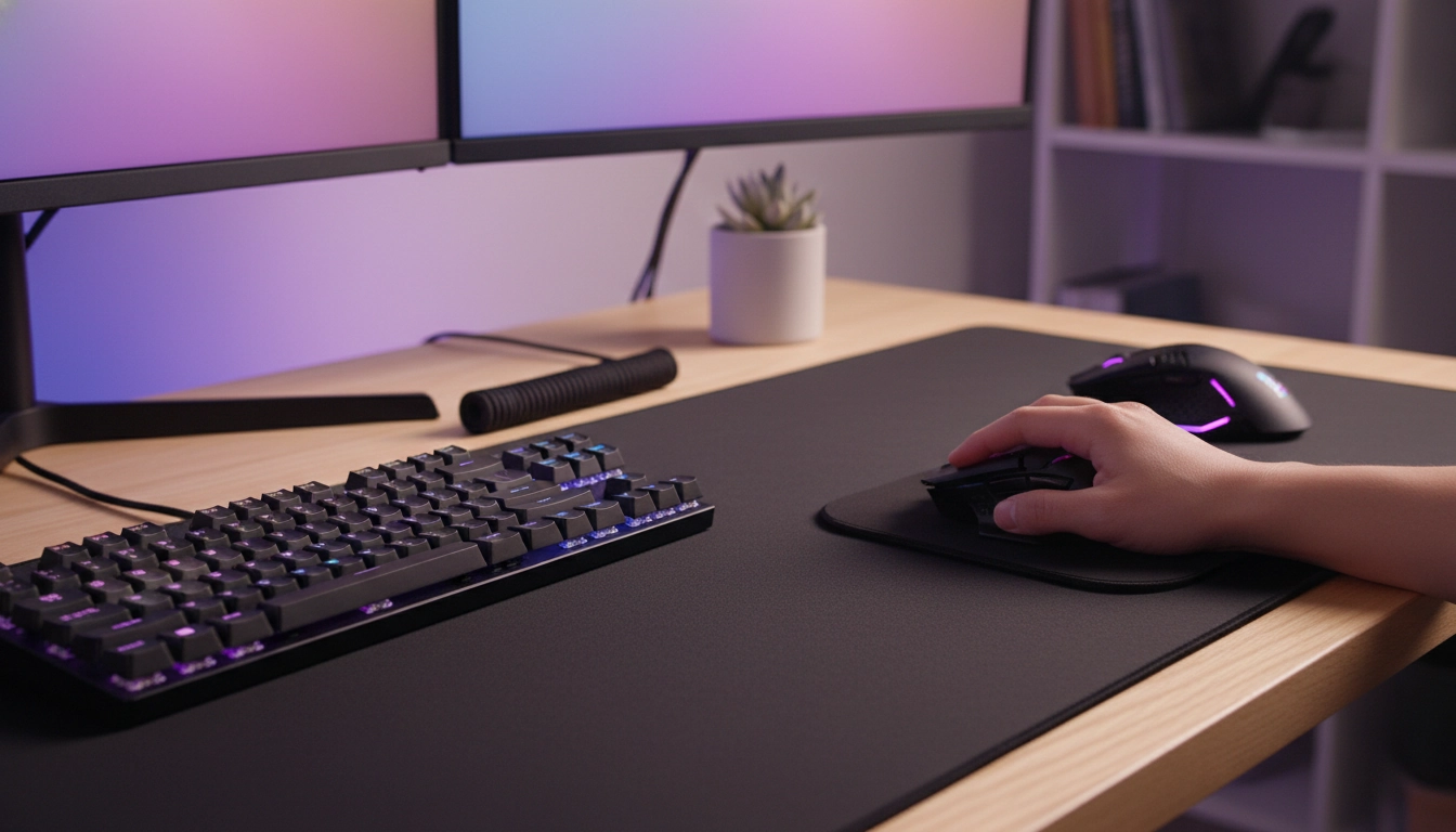 Setup gaming ergonomique avec grand tapis de souris pour prévenir douleurs poignet gaming