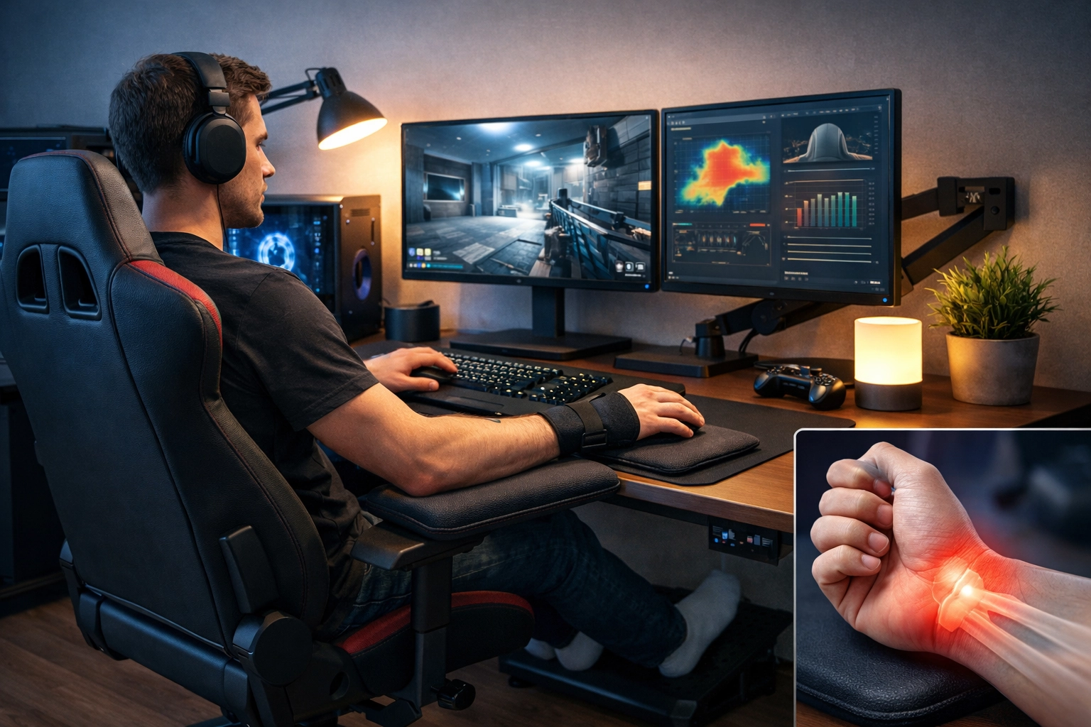 Gamer à son bureau avec un setup ergonomique pour prévenir les douleurs au poignet