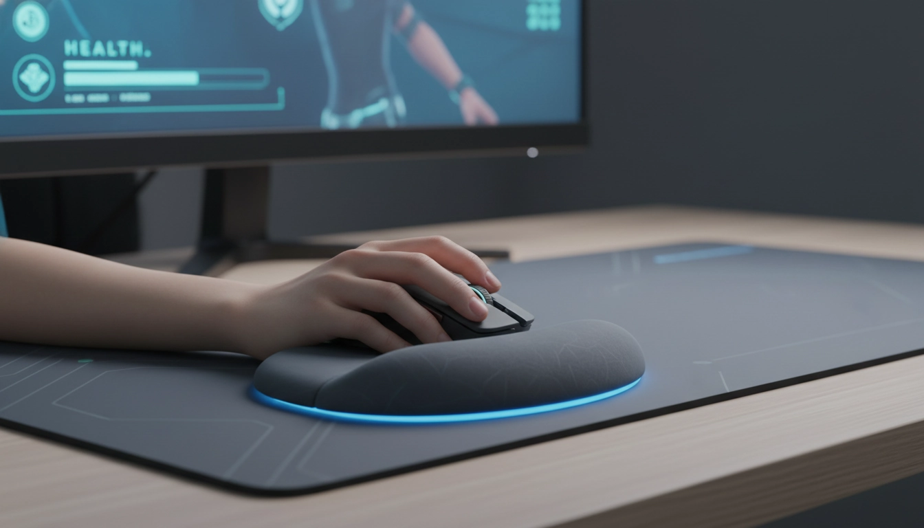 Gamer à son bureau avec un tapis de souris ergonomique et un repose-poignet pour prévenir les douleurs au poignet gaming