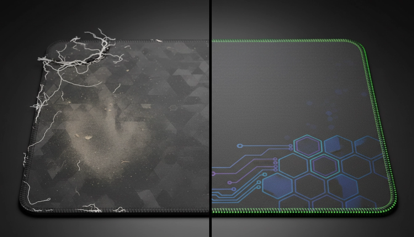 Comparaison entre un tapis de souris usé et un tapis de souris neuf pour illustrer comment prévenir l'usure du tapis de souris