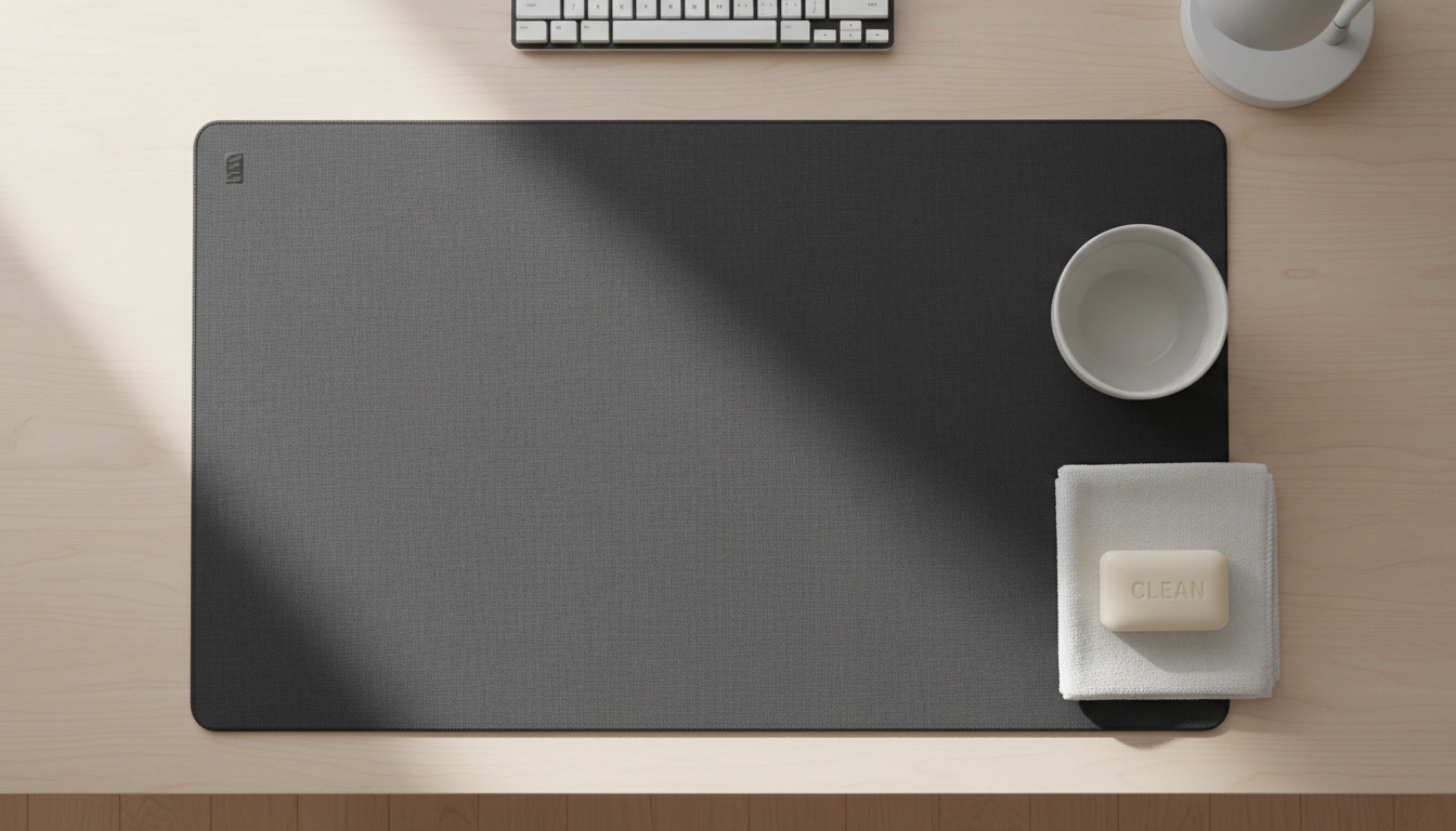 Nettoyage en douceur d'un tapis de souris en tissu avec un chiffon microfibre pour prévenir l'usure du tapis de souris